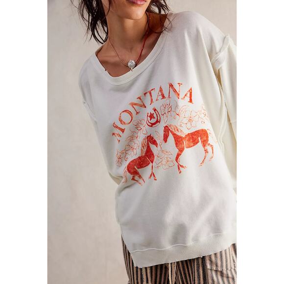 Free People We The Free Graphic Camden Pullover Sweatshirt Coconut Combo Montana - Picture 1 of 7